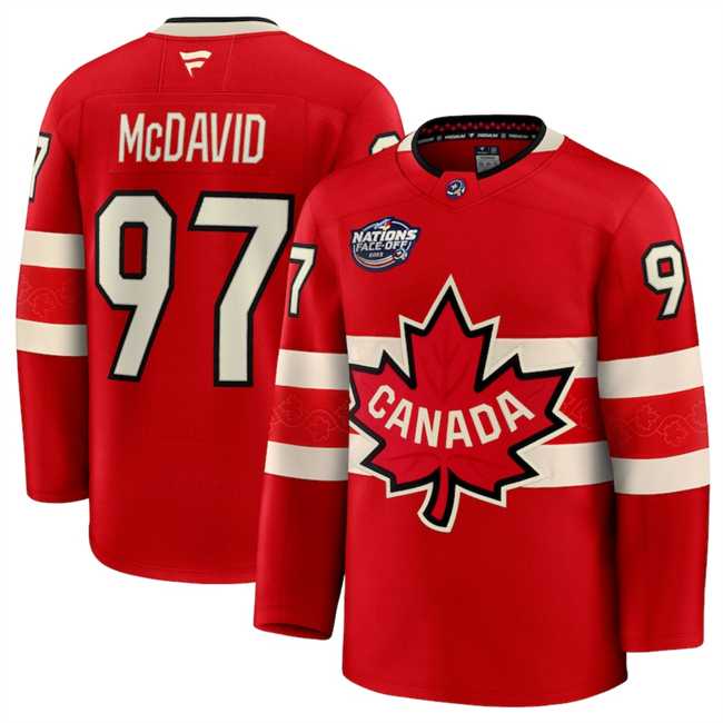 Men%27s Canada #97 Connor McDavid Red 2025 4 Nations Face-Off Premium Stitched Jersey Dzhi